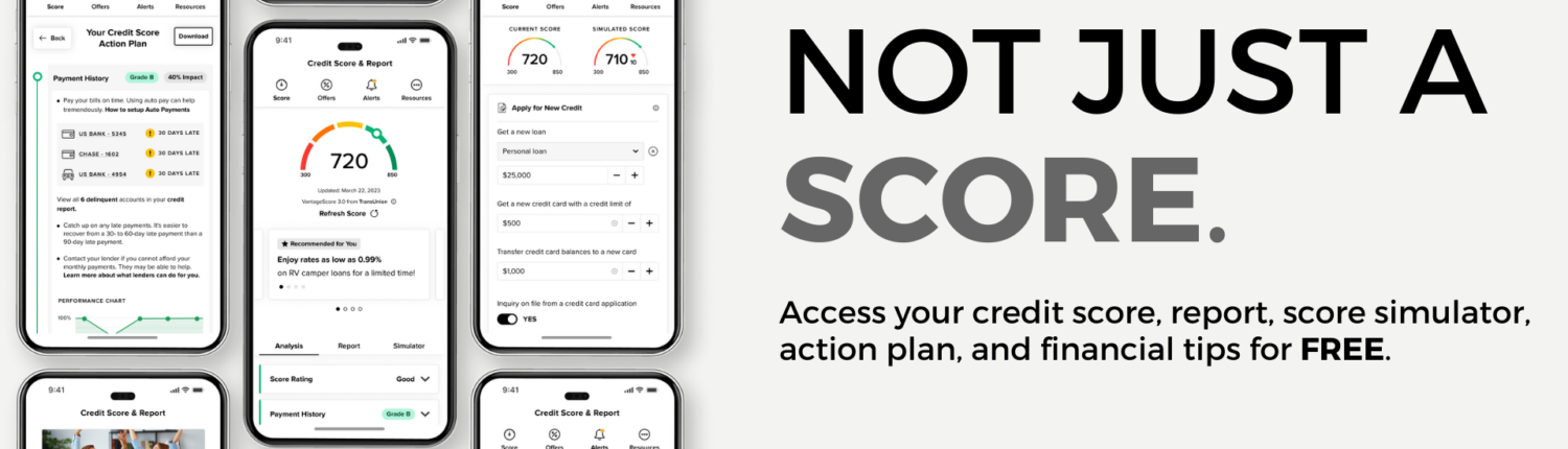 Multiple cell phone screens displaying various aspects of the United Fidelity Bank Credit Score Tool.