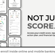 Multiple cell phone screens displaying various aspects of the United Fidelity Bank Credit Score Tool.