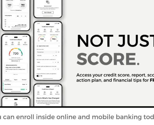 Multiple cell phone screens displaying various aspects of the United Fidelity Bank Credit Score Tool.