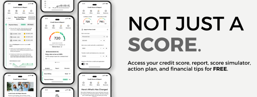 Multiple cell phone screens displaying various aspects of the United Fidelity Bank Credit Score Tool.