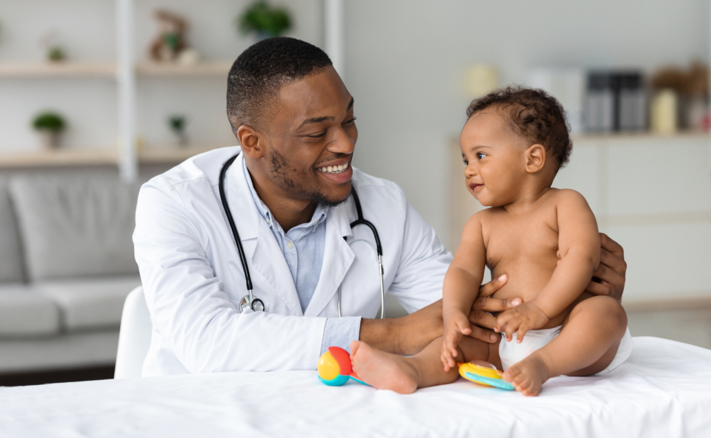 HSA-Smart-Family-Healthcare-Savings-Baby Smiling pediatrician examining a baby, symbolizing proactive planning and saving for future family healthcare costs with an HSA.