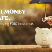 White piggy bank with an umbrella over the top to represent your money being safe with a FDIC insured bank like United Fidelity Bank.