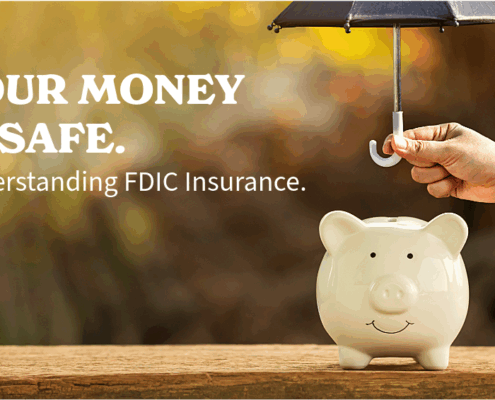 White piggy bank with an umbrella over the top to represent your money being safe with a FDIC insured bank like United Fidelity Bank.