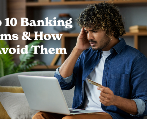 A person sits on a couch using a laptop while holding a bank card. Large text on the left reads, “Top 10 Banking Scams & How to Avoid Them.” Bookshelves and houseplants are visible in the background. The image illustrates online banking security and fraud awareness.